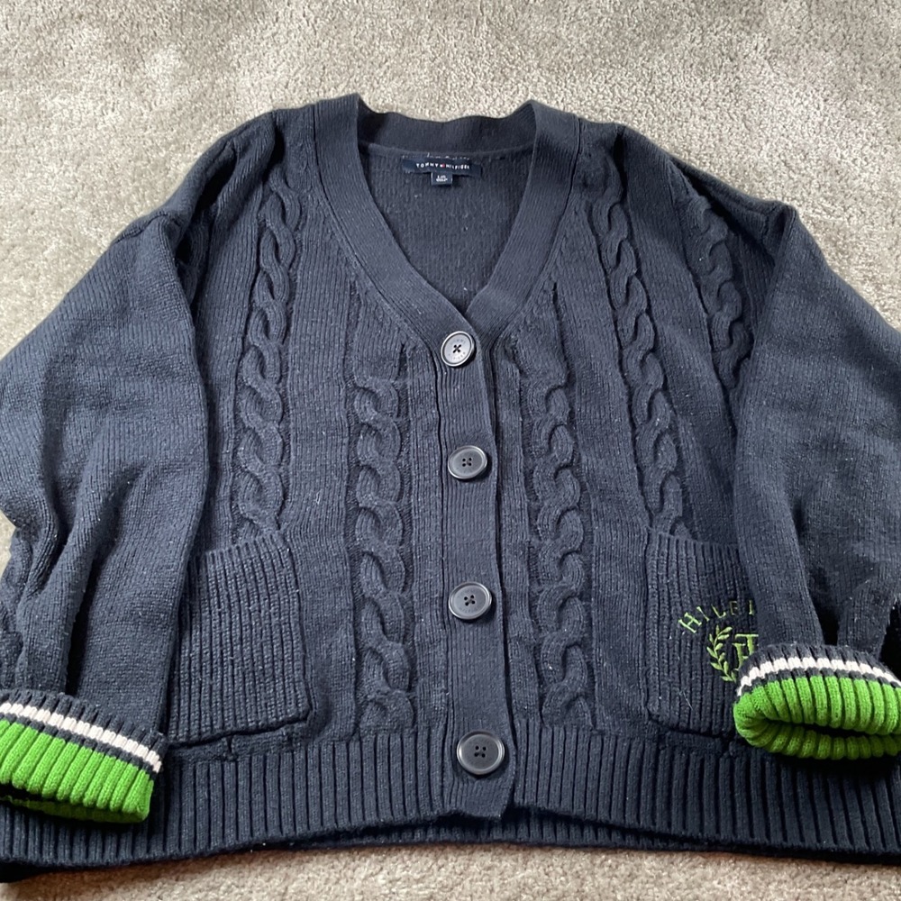 Tommy Hilfiger Cardigan Cable Knit Sweater Preppy Green‎ Stripes Large